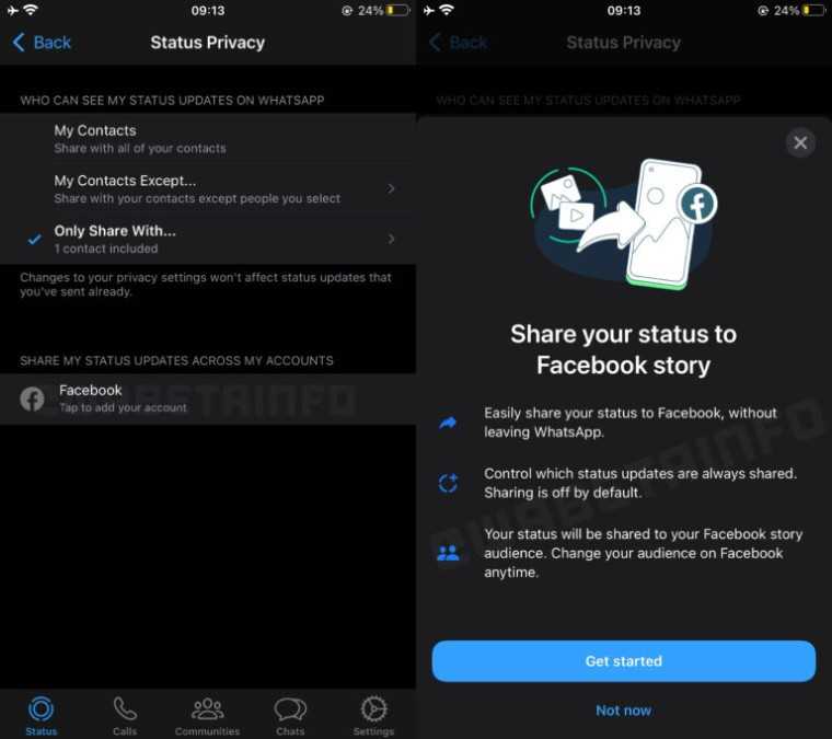 wa share status updates facebook ios