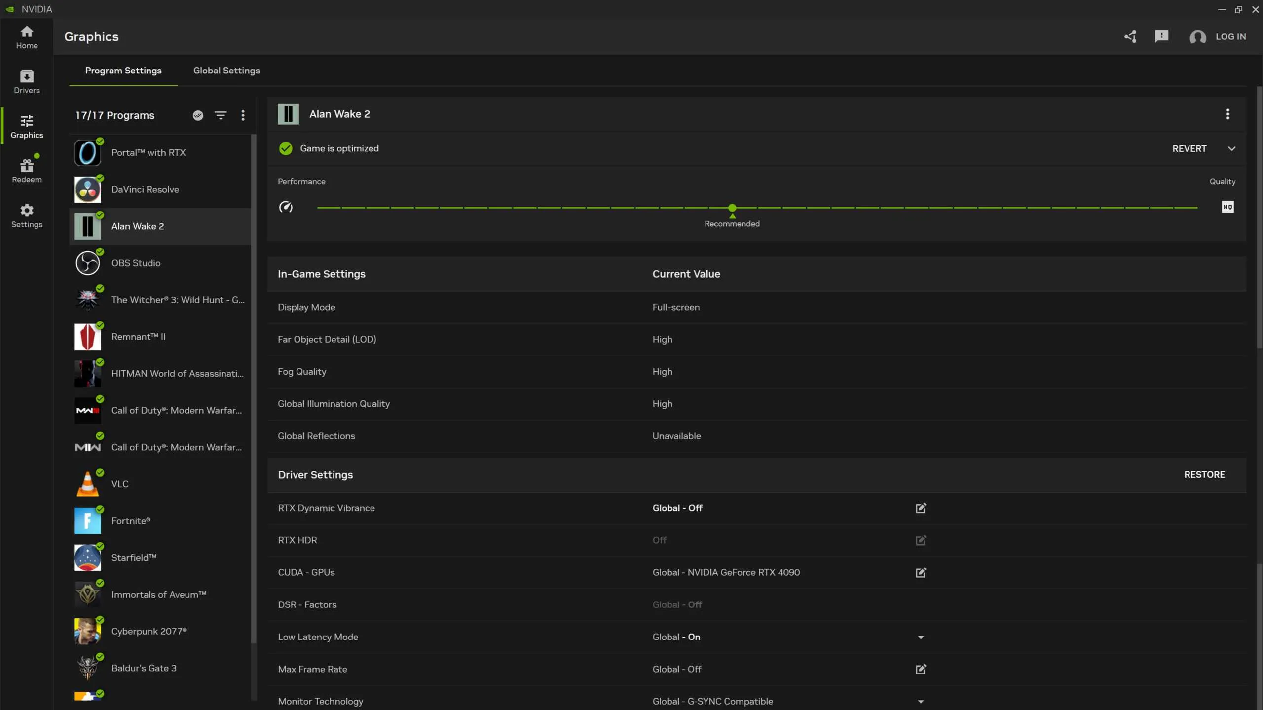 nvidia app graphics and settings section